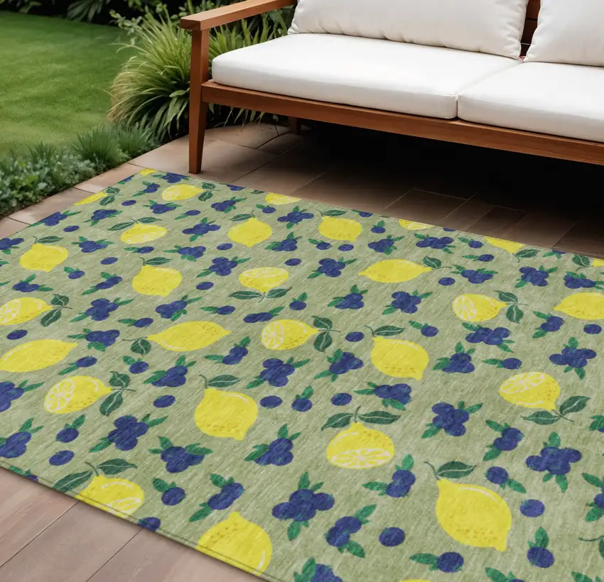 Artichoke Green Yellow And Blue Lemons Washable Indoor Outdoor Area Rug Photo 1