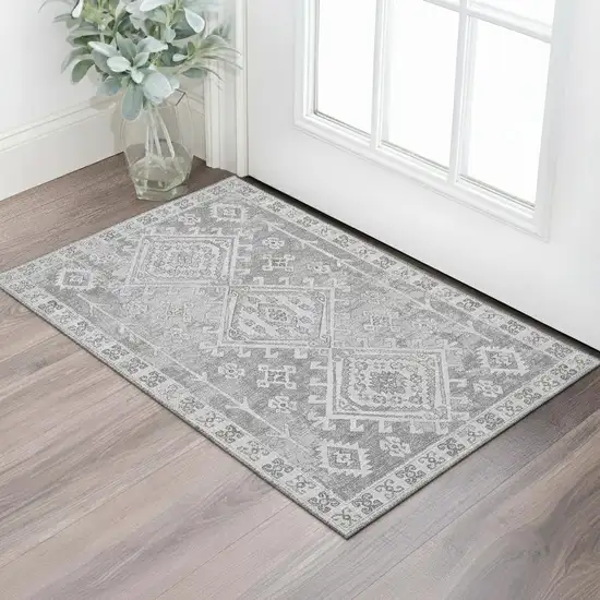 Ash Gray And Ivory Geometric Washable Area Rug With UV Protection Photo 1