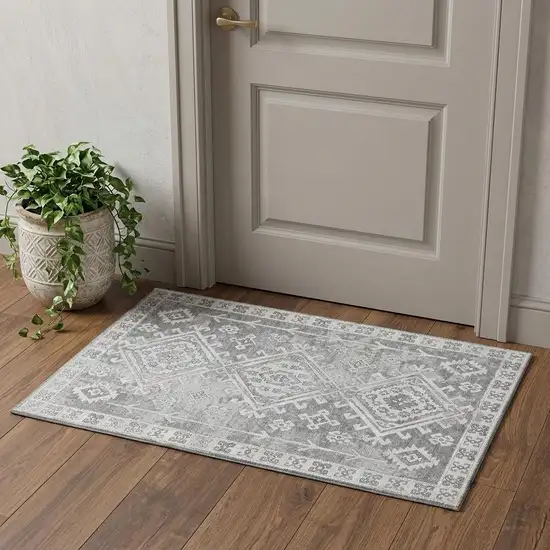 Ash Gray And Ivory Diamond Distressed Washable Area Rug With UV Protection Photo 1