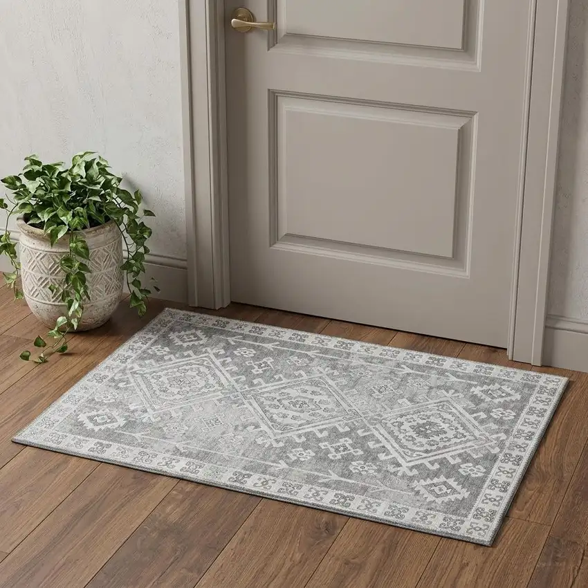 Ash Gray And Ivory Diamond Distressed Washable Area Rug With UV Protection Photo 1