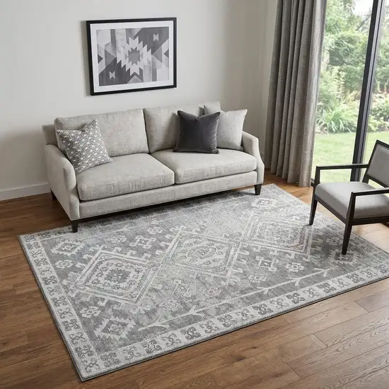 Ash Gray And Ivory Diamond Distressed Washable Area Rug With UV Protection Photo 1