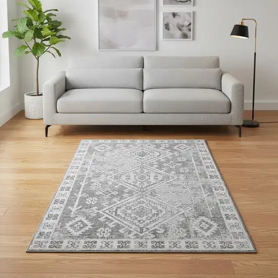 Ash Gray And Ivory Geometric Washable Area Rug With UV Protection Photo 2
