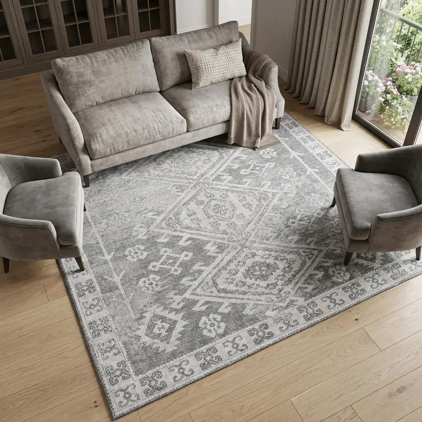 Ash Gray And Ivory Diamond Distressed Washable Area Rug With UV Protection Photo 1