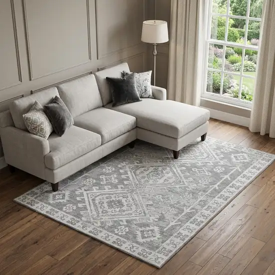 Ash Gray And Ivory Diamond Distressed Washable Area Rug With UV Protection Photo 1