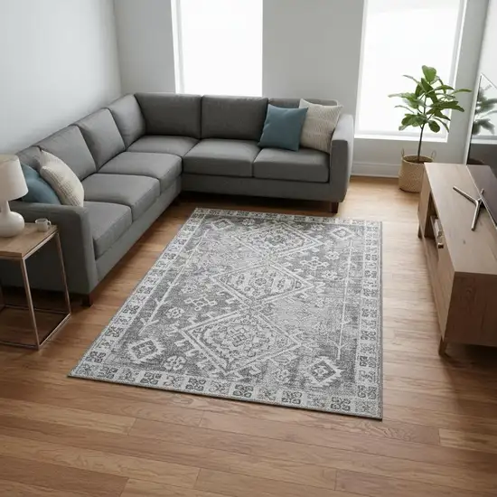 Ash Gray And Ivory Geometric Washable Area Rug With UV Protection Photo 1