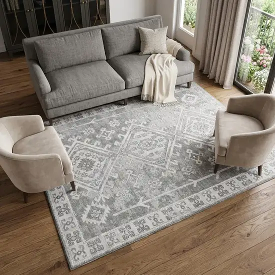 Ash Gray And Ivory Diamond Distressed Washable Area Rug With UV Protection Photo 1
