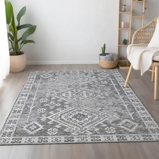 Ash Gray And Ivory Geometric Washable Area Rug With UV Protection Photo 4