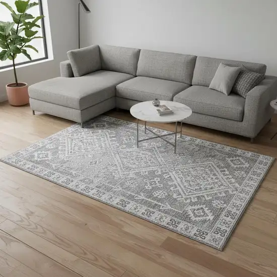 Ash Gray And Ivory Geometric Washable Area Rug With UV Protection Photo 1