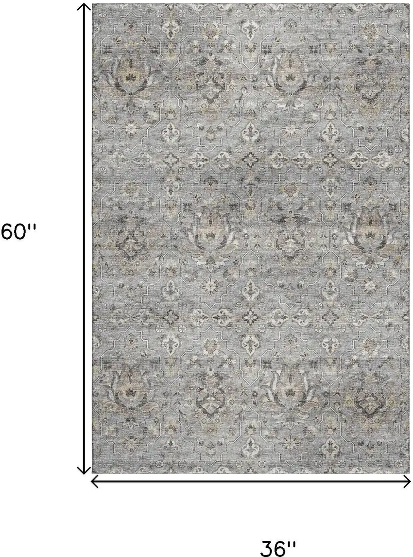 Ash Gray Brown And Ivory Floral Medallion Washable Area Rug With UV Protection Photo 3