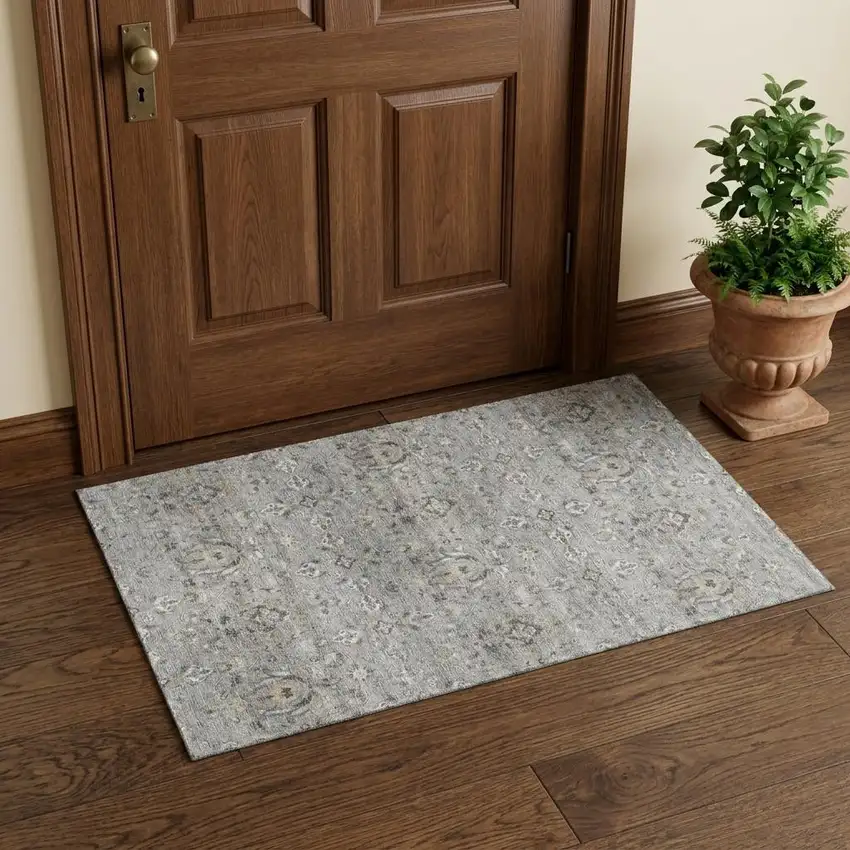 Ash Gray Brown And Ivory Floral Medallion Distressed Washable Area Rug With UV Protection Photo 1