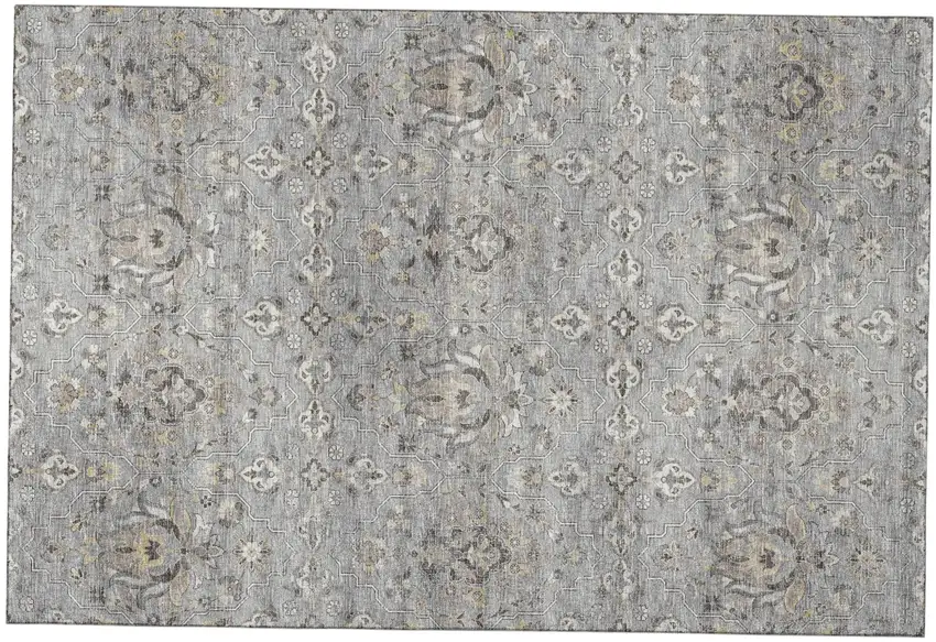 Ash Gray Brown And Ivory Floral Medallion Distressed Washable Area Rug With UV Protection Photo 2