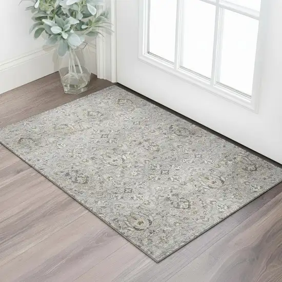 Ash Gray Brown And Ivory Floral Medallion Washable Area Rug With UV Protection Photo 1