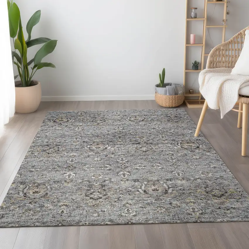 Ash Gray Brown And Ivory Floral Medallion Washable Area Rug With UV Protection Photo 4