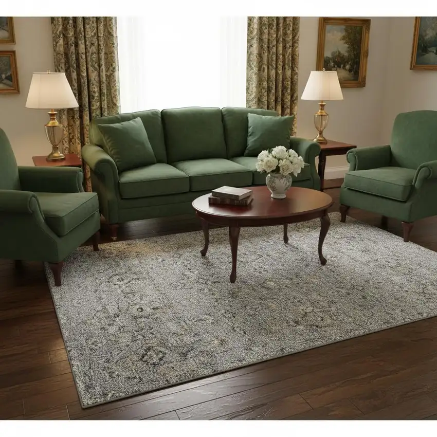 Ash Gray Brown And Ivory Floral Medallion Washable Area Rug With UV Protection Photo 1