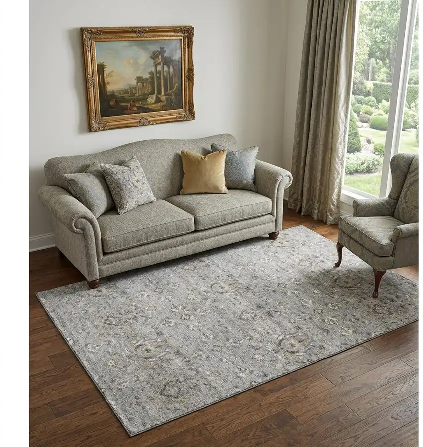 Ash Gray Brown And Ivory Floral Medallion Distressed Washable Area Rug With UV Protection Photo 1