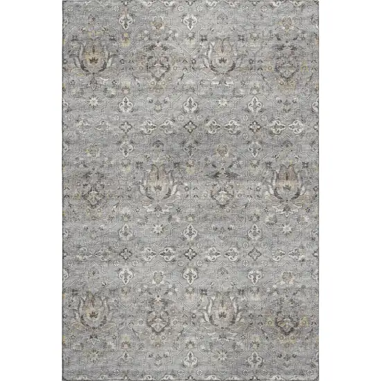 Ash Gray Brown And Ivory Floral Medallion Washable Area Rug With UV Protection Photo 2