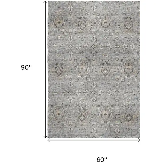 Ash Gray Brown And Ivory Floral Medallion Washable Area Rug With UV Protection Photo 3