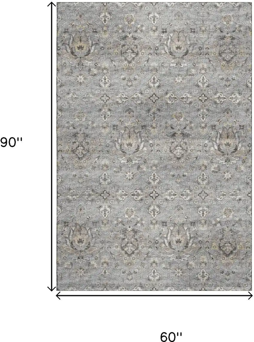Ash Gray Brown And Ivory Floral Medallion Washable Area Rug With UV Protection Photo 3