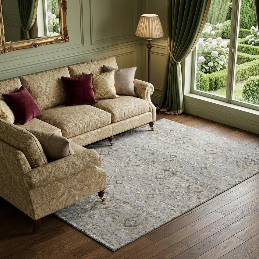 Ash Gray Brown And Ivory Floral Medallion Distressed Washable Area Rug With UV Protection Photo 1