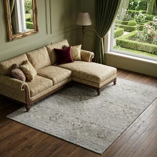 Ash Gray Brown And Ivory Floral Medallion Distressed Washable Area Rug With UV Protection Photo 1