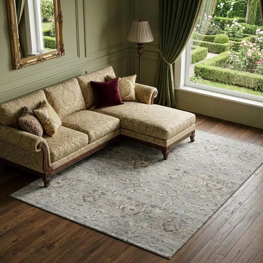 Ash Gray Brown And Ivory Floral Medallion Distressed Washable Area Rug With UV Protection Photo 1