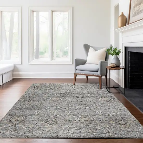 Ash Gray Brown And Ivory Floral Medallion Washable Area Rug With UV Protection Photo 7