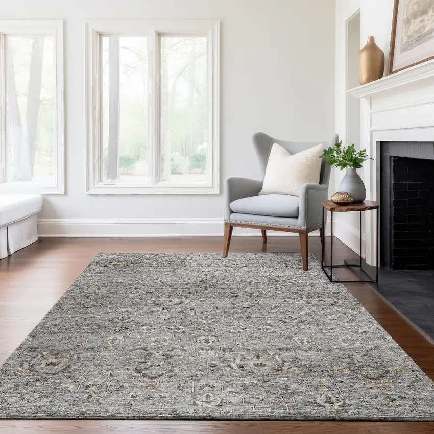 Ash Gray Brown And Ivory Floral Medallion Washable Area Rug With UV Protection Photo 6