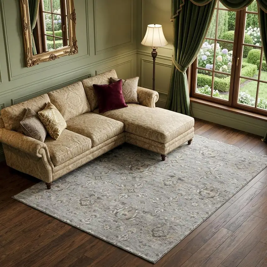 Ash Gray Brown And Ivory Floral Medallion Distressed Washable Area Rug With UV Protection Photo 1