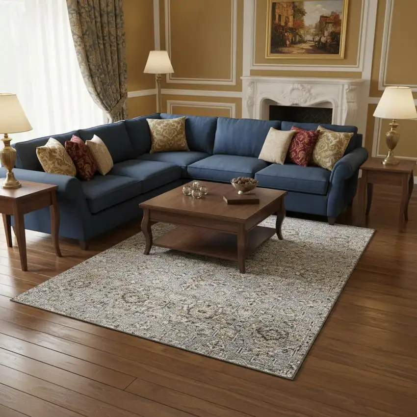 Ash Gray Brown And Ivory Floral Medallion Washable Area Rug With UV Protection Photo 2