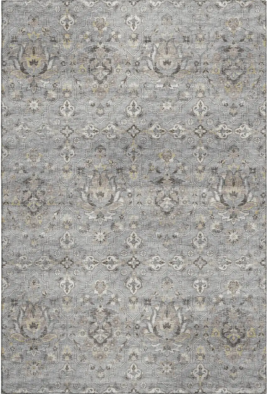 Ash Gray Brown And Ivory Floral Medallion Washable Area Rug With UV Protection Photo 1