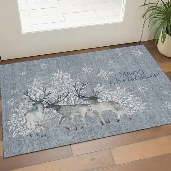 Ash Gray Ivory And Blue Geometric Washable Area Rug With UV Protection Photo 1