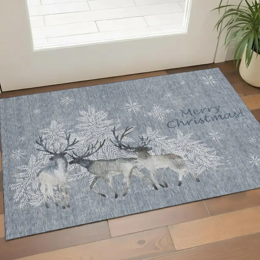 Ash Gray Ivory And Blue Geometric Washable Area Rug With UV Protection Photo 1