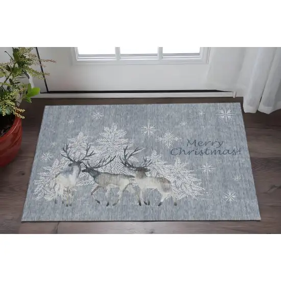 Ash Gray Ivory And Blue Geometric Washable Area Rug With UV Protection Photo 1