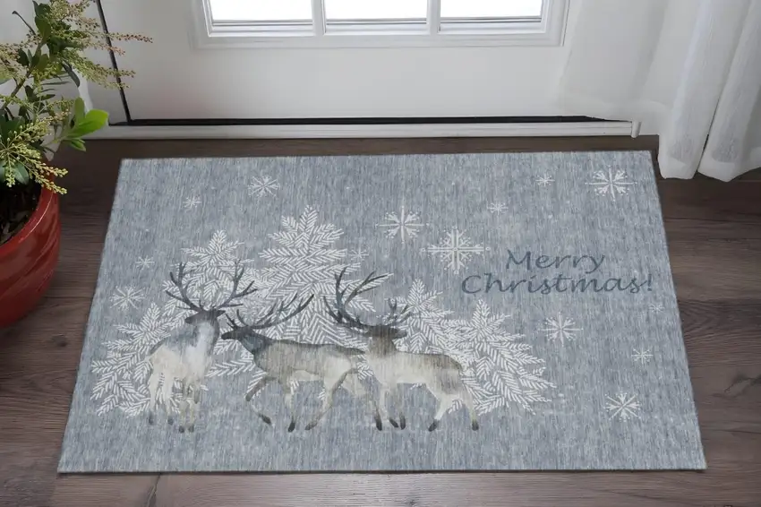 Ash Gray Ivory And Blue Geometric Washable Area Rug With UV Protection Photo 1