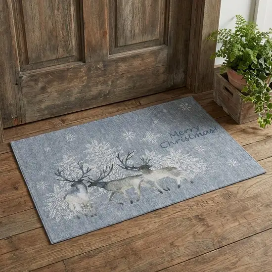 Gray Ivory And Blue Christmas Deer Washable Area Rug With UV Protection Photo 1