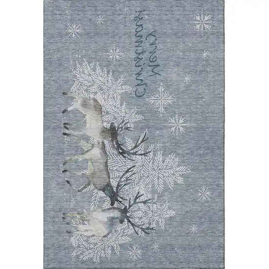 Gray Ivory And Blue Christmas Deer Washable Area Rug With UV Protection Photo 3