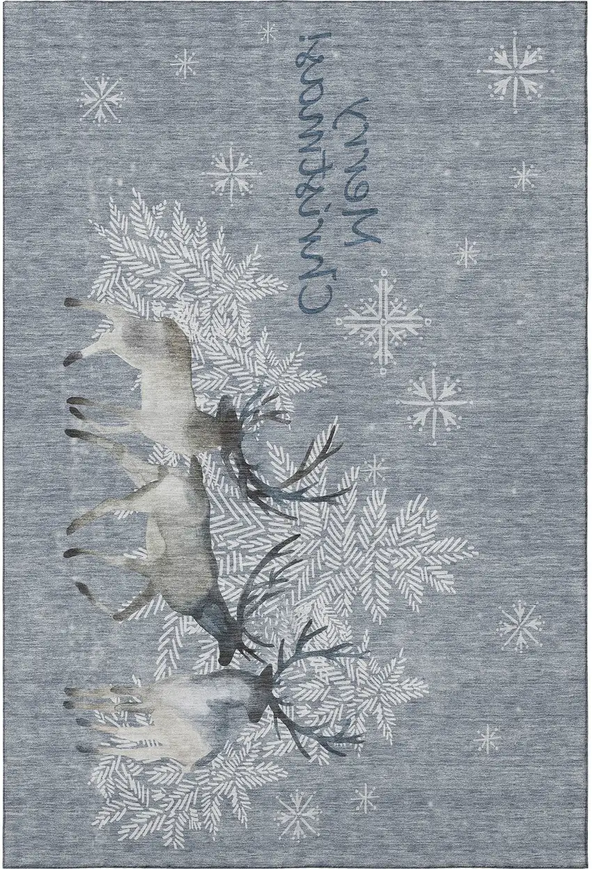 Gray Ivory And Blue Christmas Deer Washable Area Rug With UV Protection Photo 3