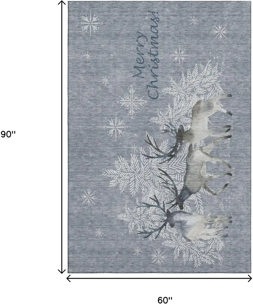 Gray Ivory And Blue Christmas Deer Washable Area Rug With UV Protection Photo 3