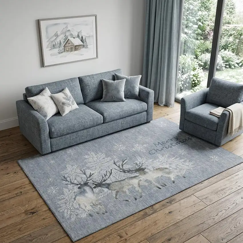 Gray Ivory And Blue Christmas Deer Washable Area Rug With UV Protection Photo 1