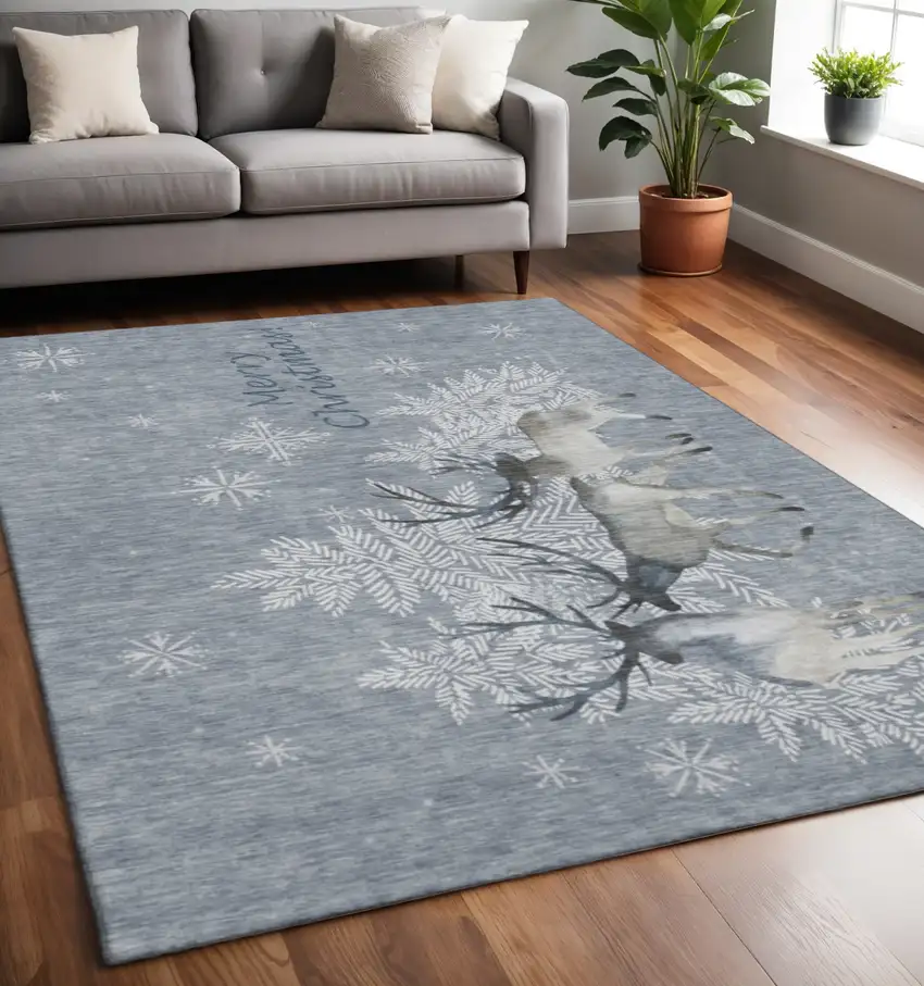 Ash Gray Ivory And Blue Geometric Washable Area Rug With UV Protection Photo 1