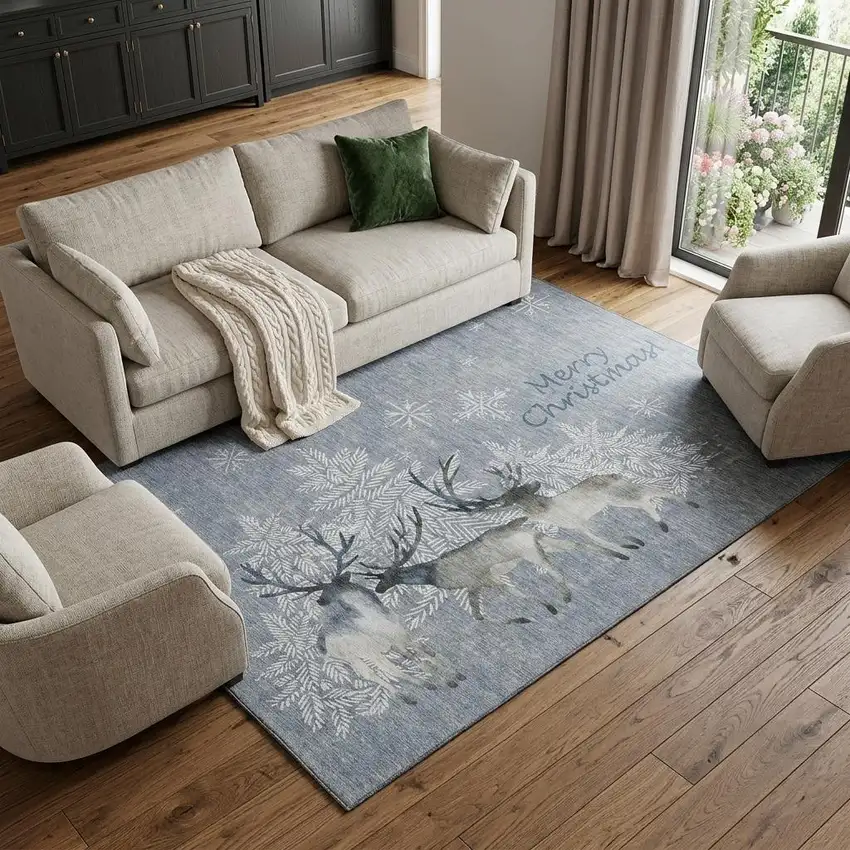 Gray Ivory And Blue Christmas Deer Washable Area Rug With UV Protection Photo 1