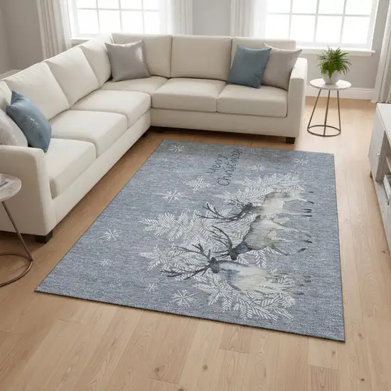 Ash Gray Ivory And Blue Geometric Washable Area Rug With UV Protection Photo 1
