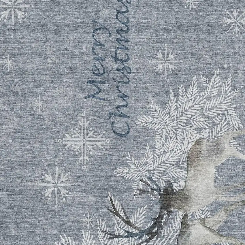 Gray Ivory And Blue Christmas Deer Washable Area Rug With UV Protection Photo 4