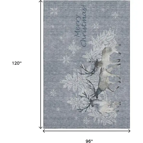 Gray Ivory And Blue Christmas Deer Washable Area Rug With UV Protection Photo 3