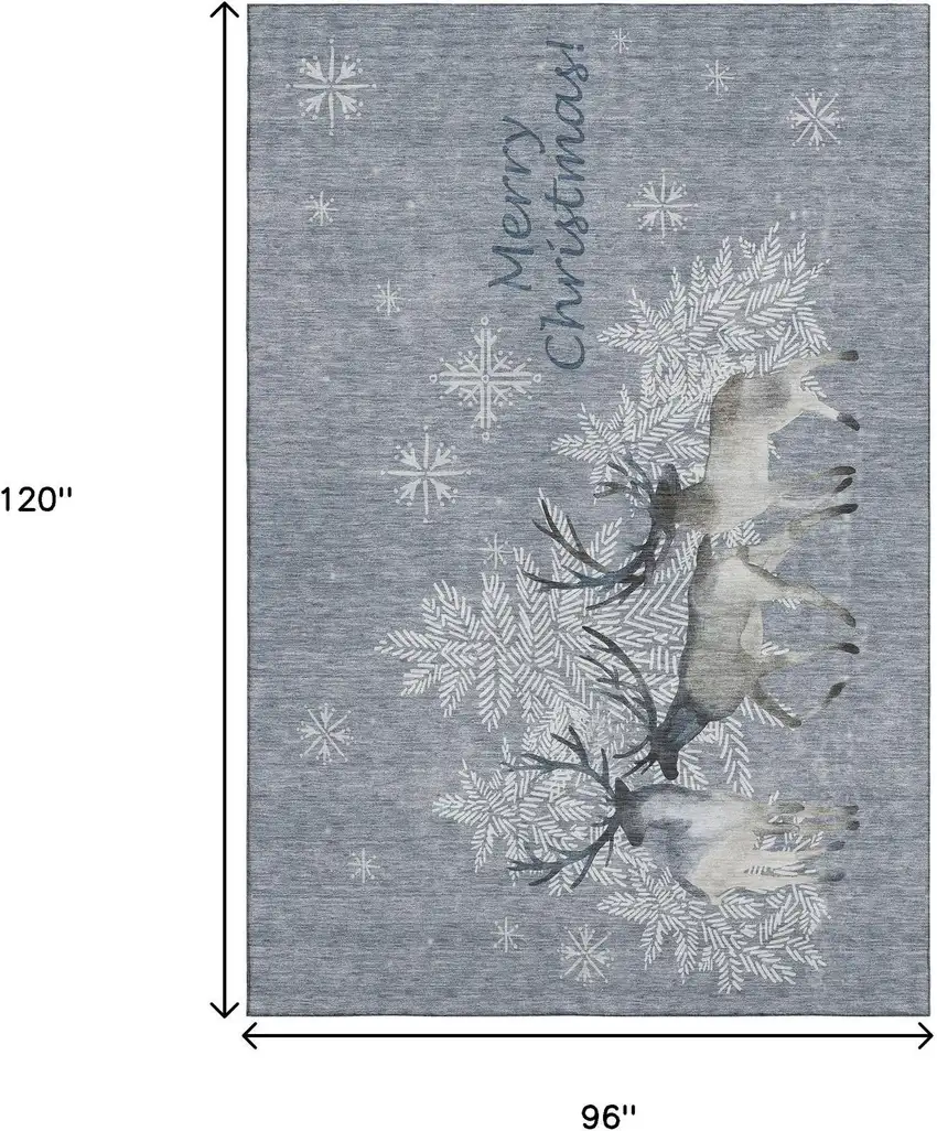 Gray Ivory And Blue Christmas Deer Washable Area Rug With UV Protection Photo 3