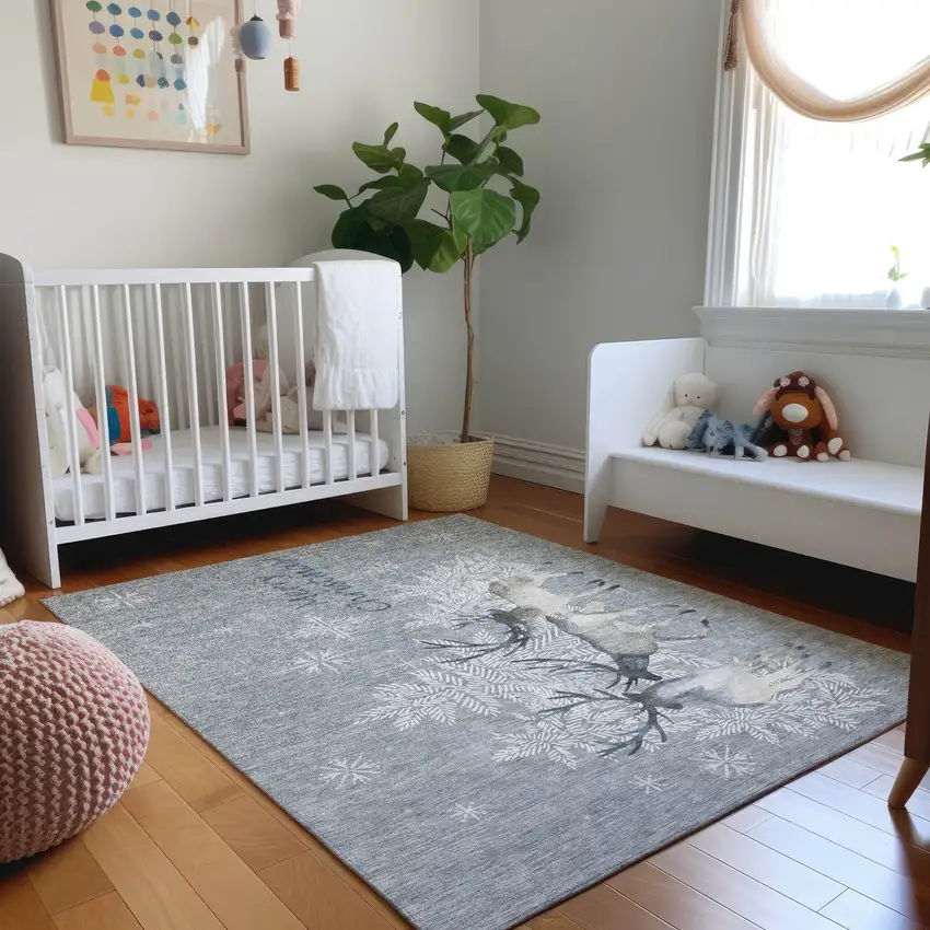 Gray Ivory And Blue Christmas Deer Washable Area Rug With UV Protection Photo 5