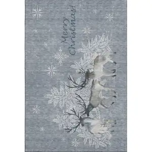 Photo of Ash Gray Ivory And Blue Geometric Washable Area Rug With UV Protection