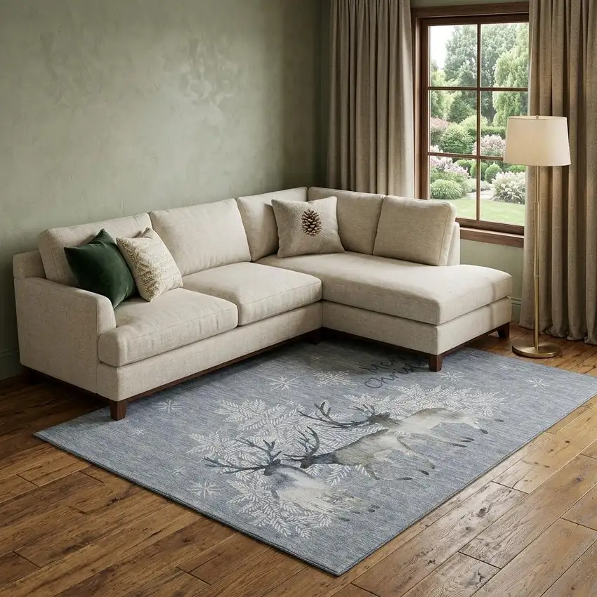 Gray Ivory And Blue Christmas Deer Washable Area Rug With UV Protection Photo 1