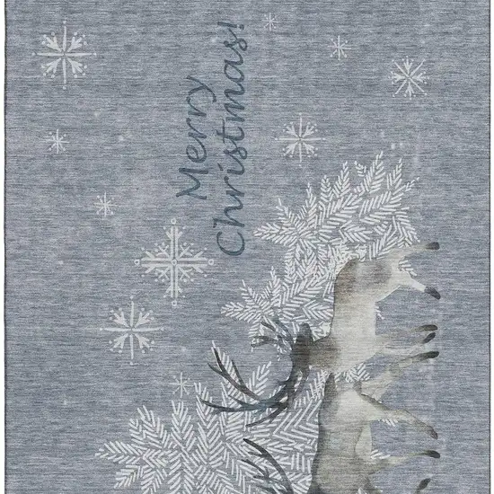 Gray Ivory And Blue Christmas Deer Washable Area Rug With UV Protection Photo 4