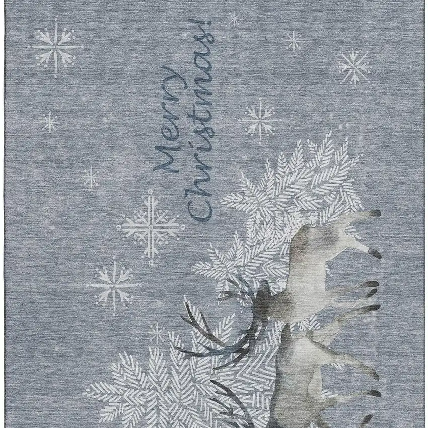 Gray Ivory And Blue Christmas Deer Washable Area Rug With UV Protection Photo 4